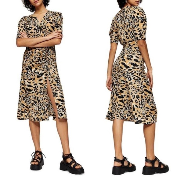 Topshop Leopard Animal Print Short Sleeve Dress With Slit & Pleats US Size 2 - Picture 1 of 14